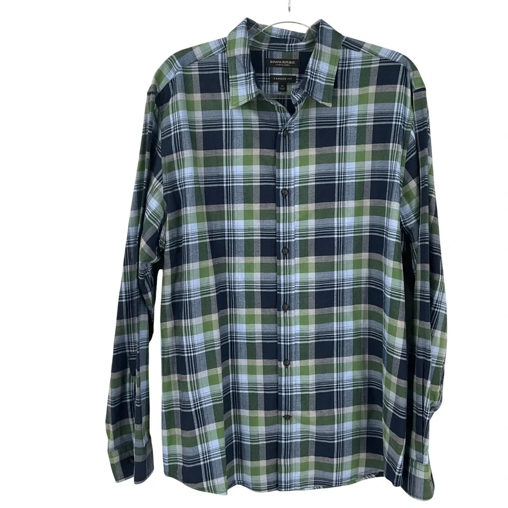 Banana Republic Luxe Flannel‎ Shirt Mens XL Green Blue Plaid Cotton Camden Fit